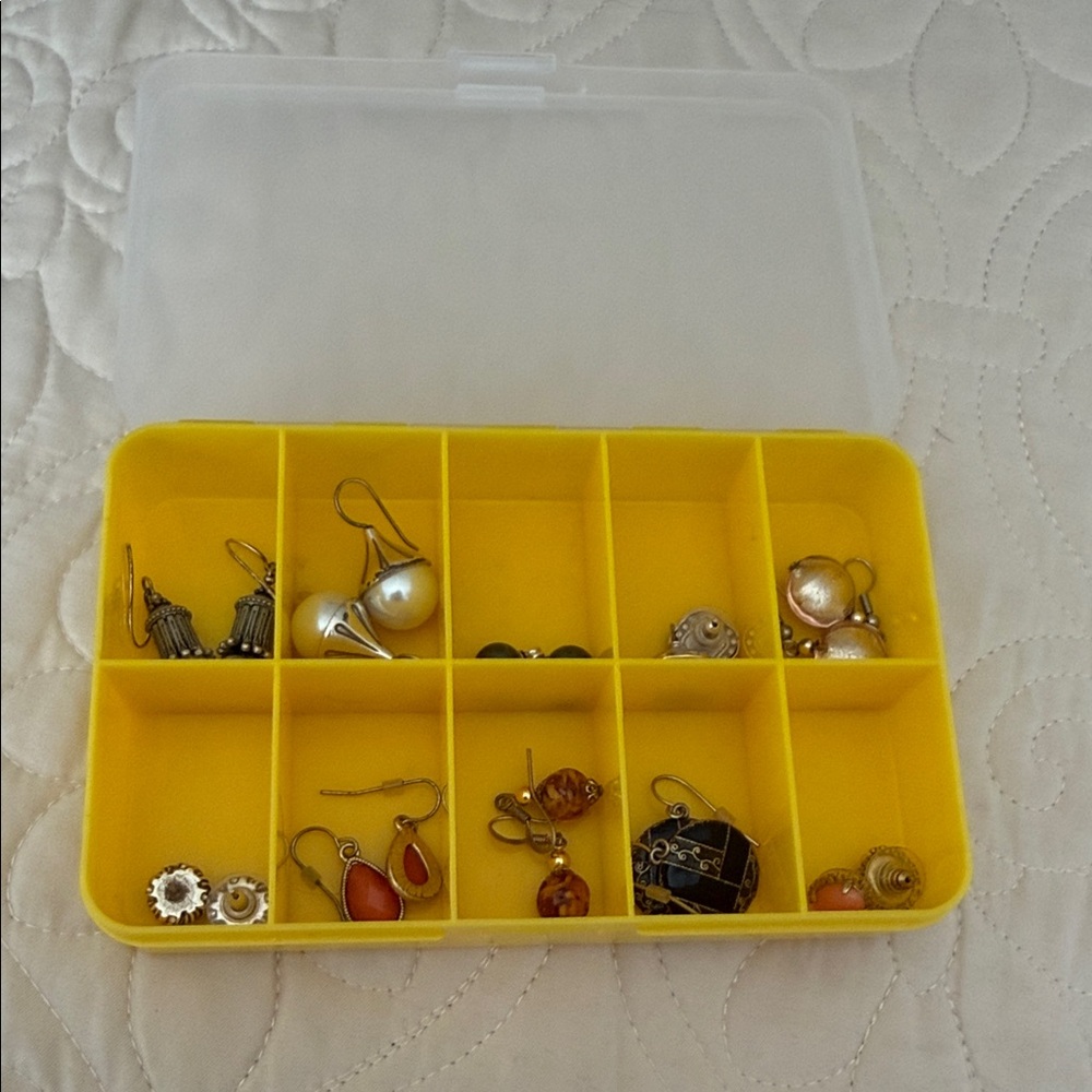 Yellow Jewelry Organizer Box with 19 pairs of costume jewelry earrings